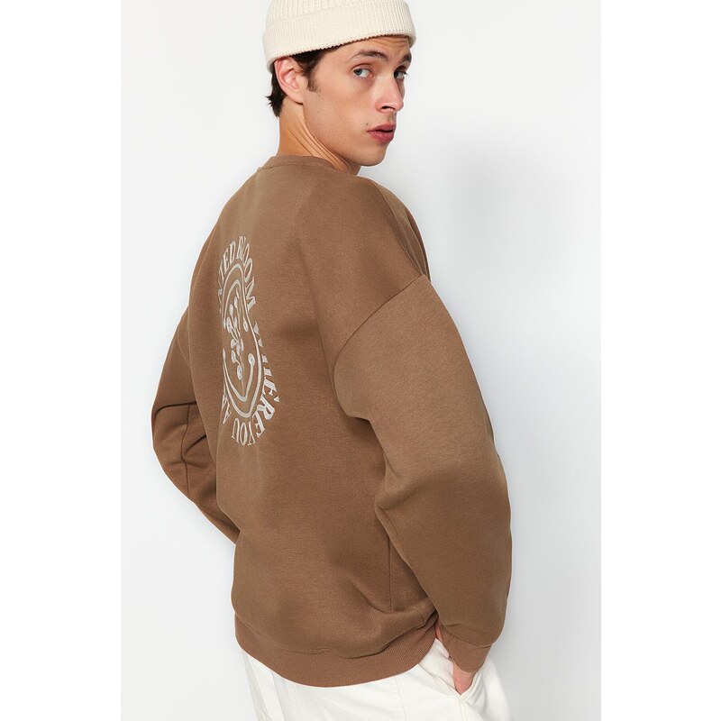 Trendyol Dark Brown Oversize/Wide Cut Floral Embroidered Fleece Inside Cotton Sweatshirt