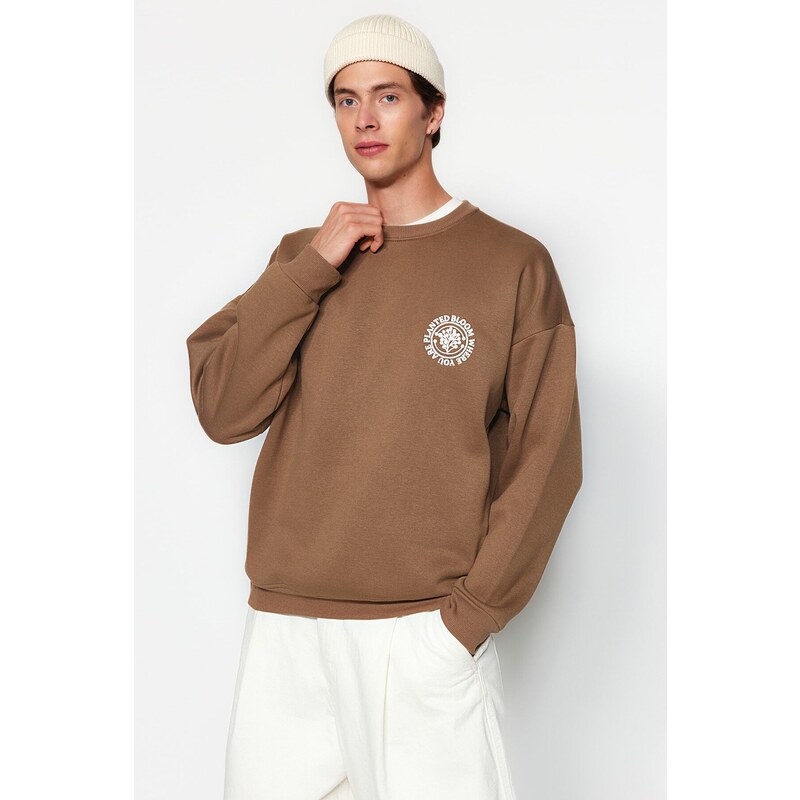 Trendyol Dark Brown Oversize/Wide Cut Floral Embroidered Fleece Inside Cotton Sweatshirt