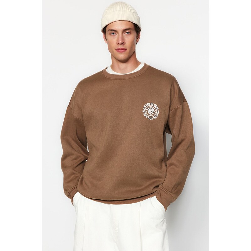 Trendyol Dark Brown Oversize/Wide Cut Floral Embroidered Fleece Inside Cotton Sweatshirt