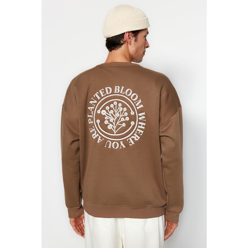 Trendyol Dark Brown Oversize/Wide Cut Floral Embroidered Fleece Inside Cotton Sweatshirt