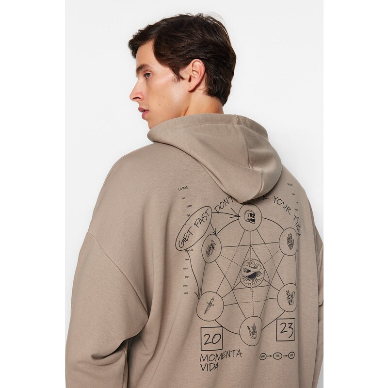 Trendyol Mink Oversize/Wide-Fit Hooded Mystic Back Printed Cotton Sweatshirt