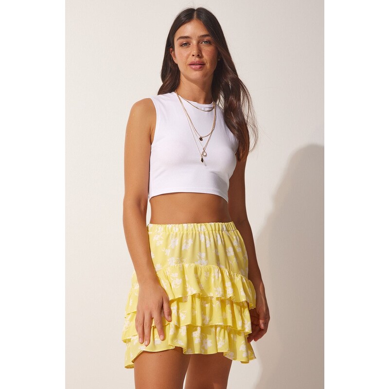 Happiness İstanbul Women's Yellow Patterned Ruffle Viscose Shorts Skirt