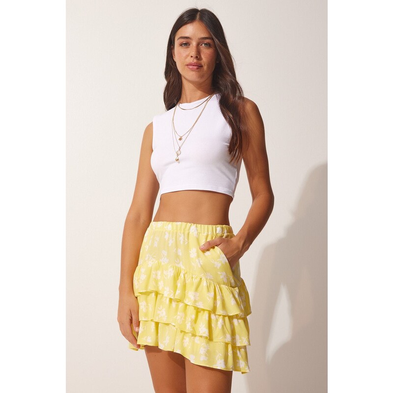 Happiness İstanbul Women's Yellow Patterned Ruffle Viscose Shorts Skirt