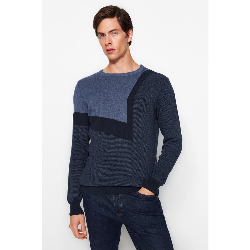 Trendyol Indigo Men's Slim Fit Crew Neck Color Block Knitwear Sweater