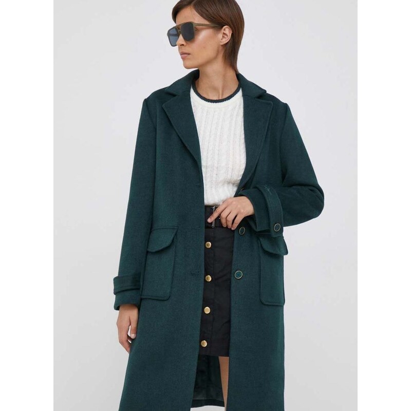 Vlněný kabát Pepe Jeans Nica zelená barva, přechodný
