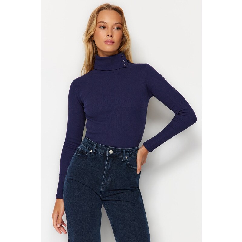 Trendyol Indigo Corduroy Asymmetrical Collar Detail Fitted/Slip-On Knitted Blouse