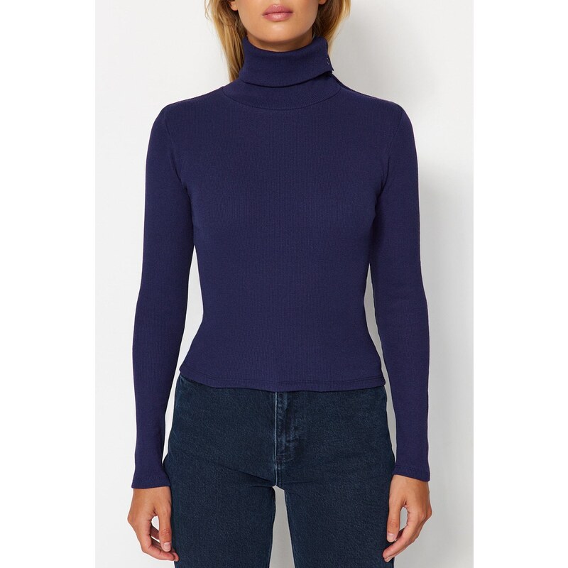 Trendyol Indigo Corduroy Asymmetrical Collar Detail Fitted/Slip-On Knitted Blouse