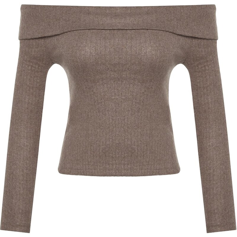 Trendyol Brown Knitwear Look Carmen Collar Fitted/Skinned Crop Knitted Blouse