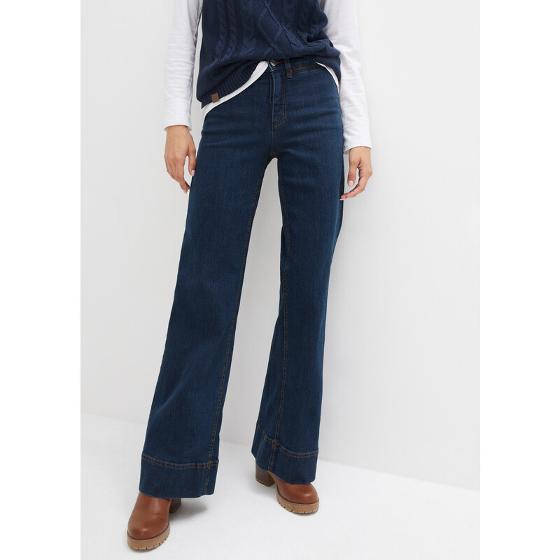 bonprix Pohodlné strečové džíny Wide Leg, Mid Waist modrá Žena