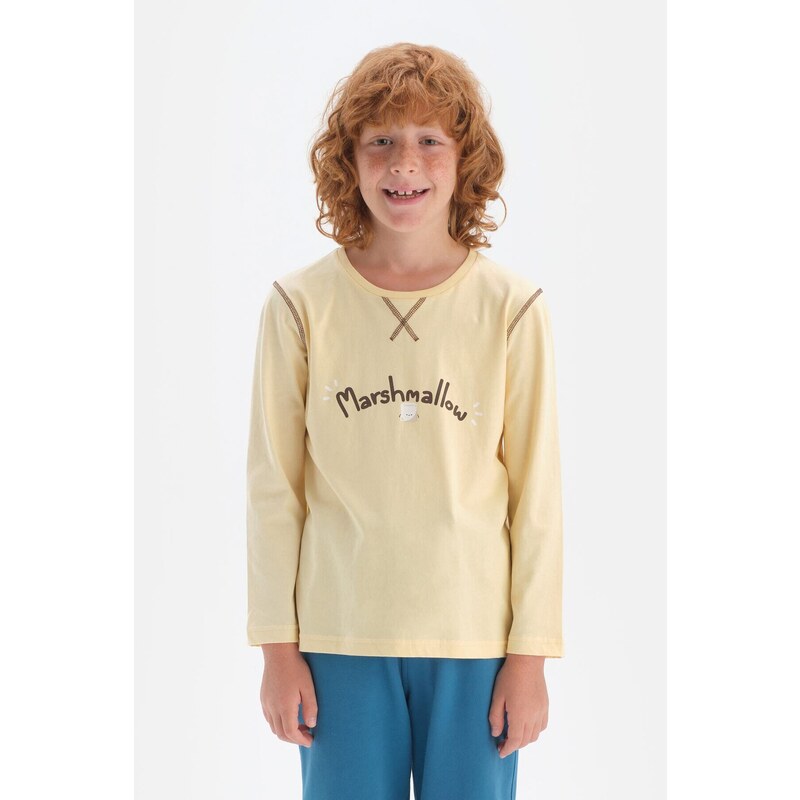 Dagi Light Yellow Long Sleeve Crewneck Cotton T-Shirt