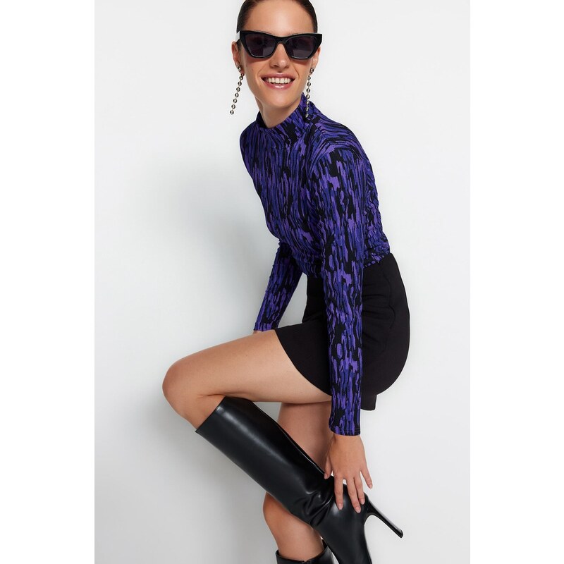 Trendyol Purple Printed Fitted/Situated High Neck Long Sleeve Crepe/Textured Knitted Blouse