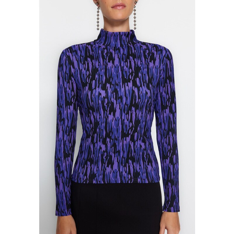 Trendyol Purple Printed Fitted/Situated High Neck Long Sleeve Crepe/Textured Knitted Blouse