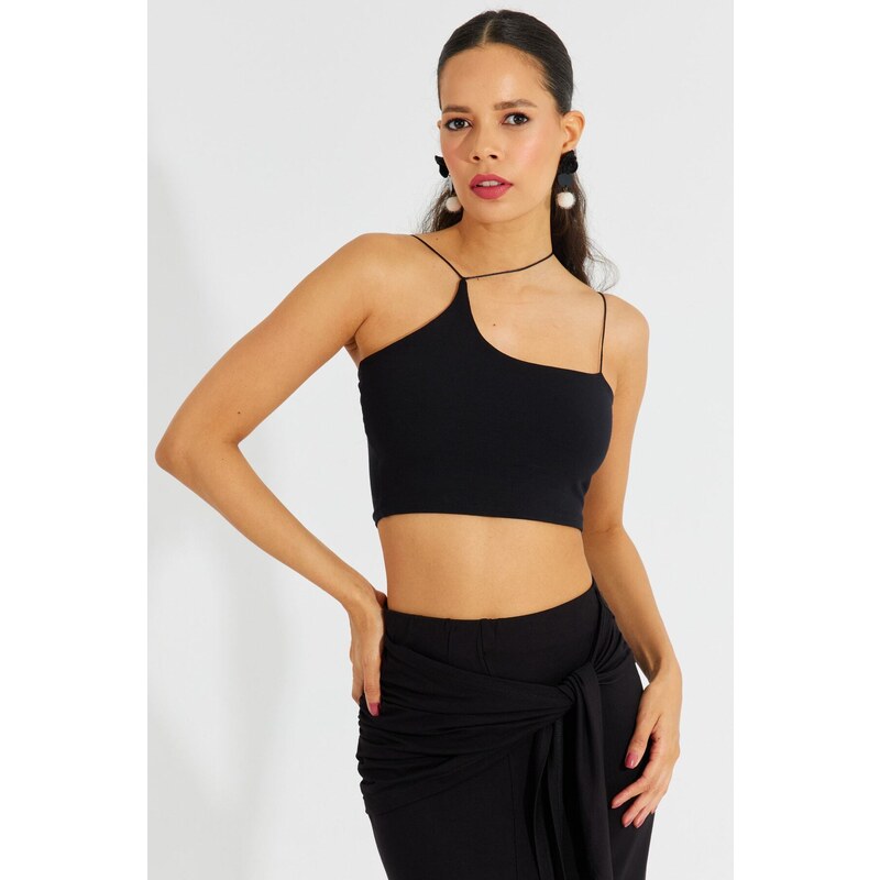 Cool & Sexy Women's Black String Strap Crop Blouse B2594