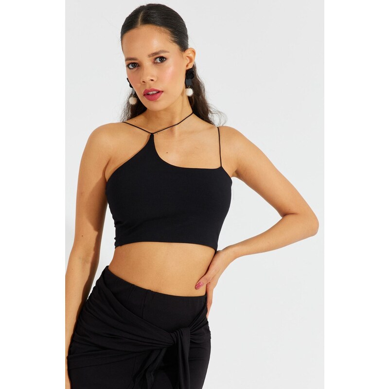 Cool & Sexy Women's Black String Strap Crop Blouse B2594