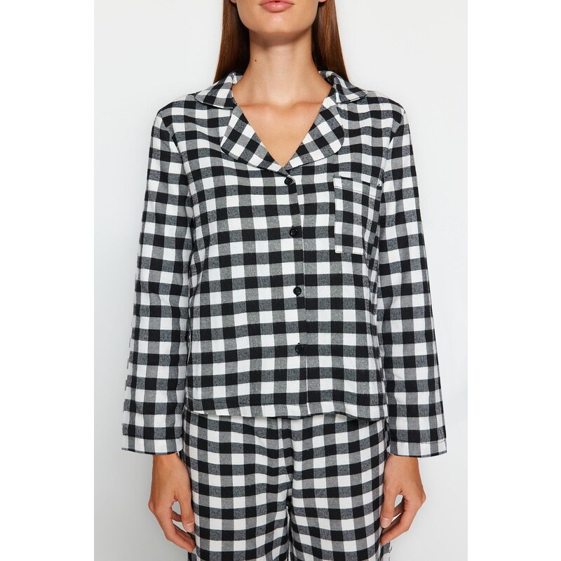 Trendyol Black Flannel Cotton Plaid Shirt-Pants Woven Pajama Set