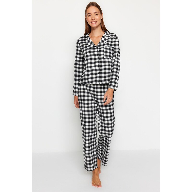 Trendyol Black Flannel Cotton Plaid Shirt-Pants Woven Pajama Set