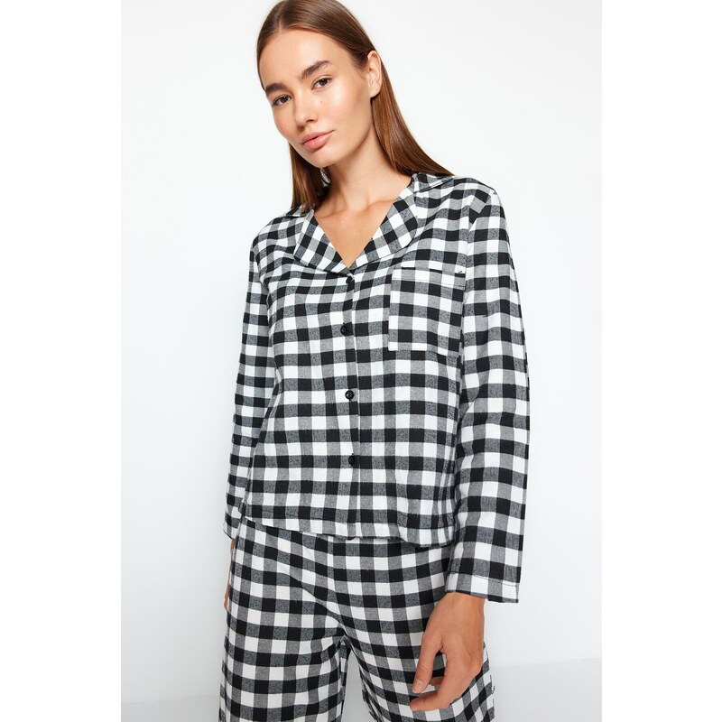 Trendyol Black Flannel Cotton Plaid Shirt-Pants Woven Pajama Set