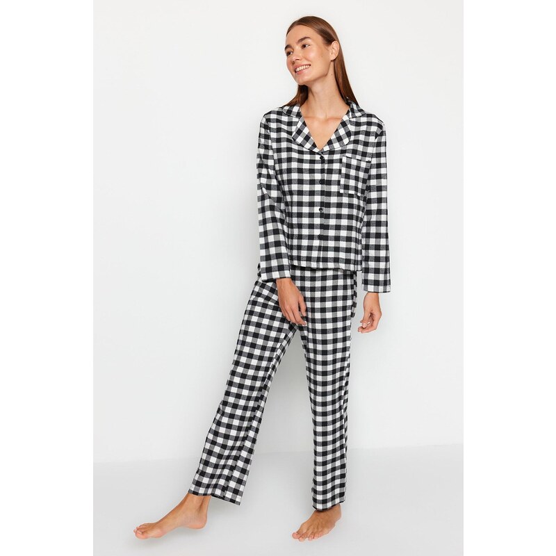 Trendyol Black Flannel Cotton Plaid Shirt-Pants Woven Pajama Set