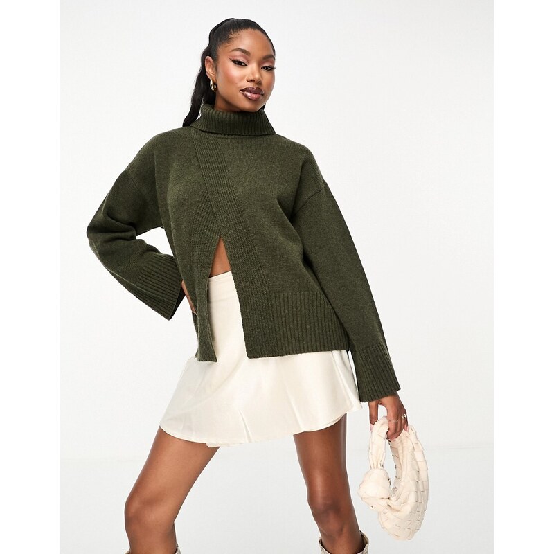 4th & Reckless front split roll neck jumper in khaki-Green