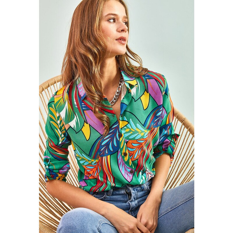 Bianco Lucci Women's Multi Leaf Patterned Viscose Shirt with Fold Sleeves.