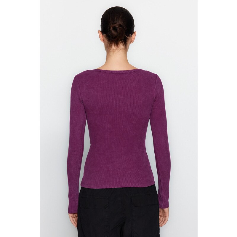 Trendyol Purple Faded/Faded Effect Ribbed Pool Neck Body-Shouldered Cotton Stretch Knit Blouse
