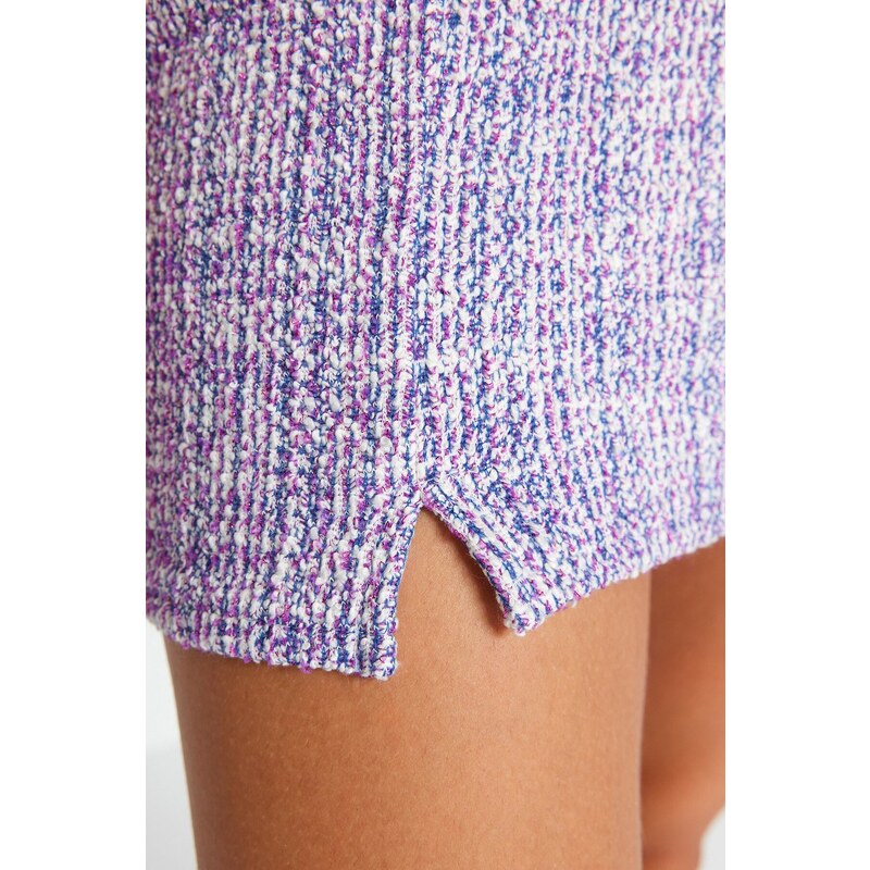 Trendyol Purple Zipper and Slit Tweed Regular Waist Mini Knitted Skirt