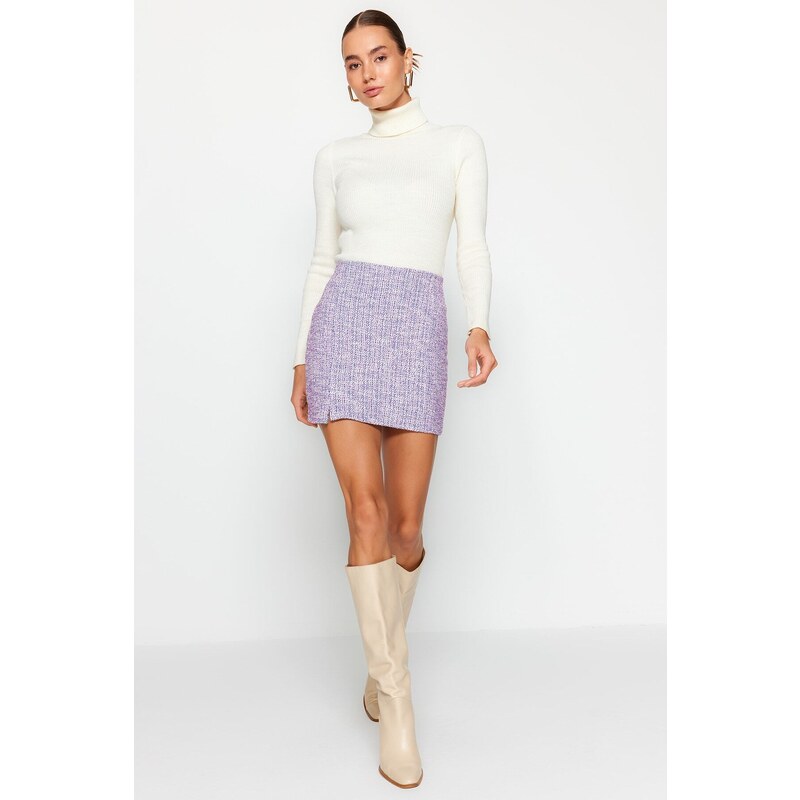 Trendyol Purple Zipper and Slit Tweed Regular Waist Mini Knitted Skirt