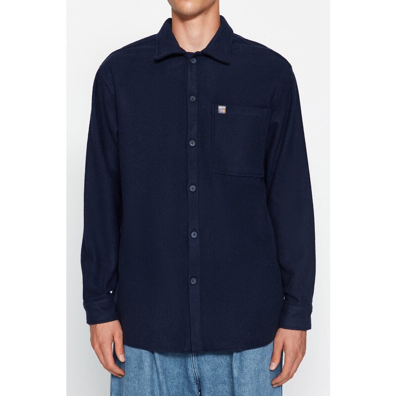 Trendyol Navy Blue Overshirt Fit Shirt Collar Label Detail Stamp Shirt