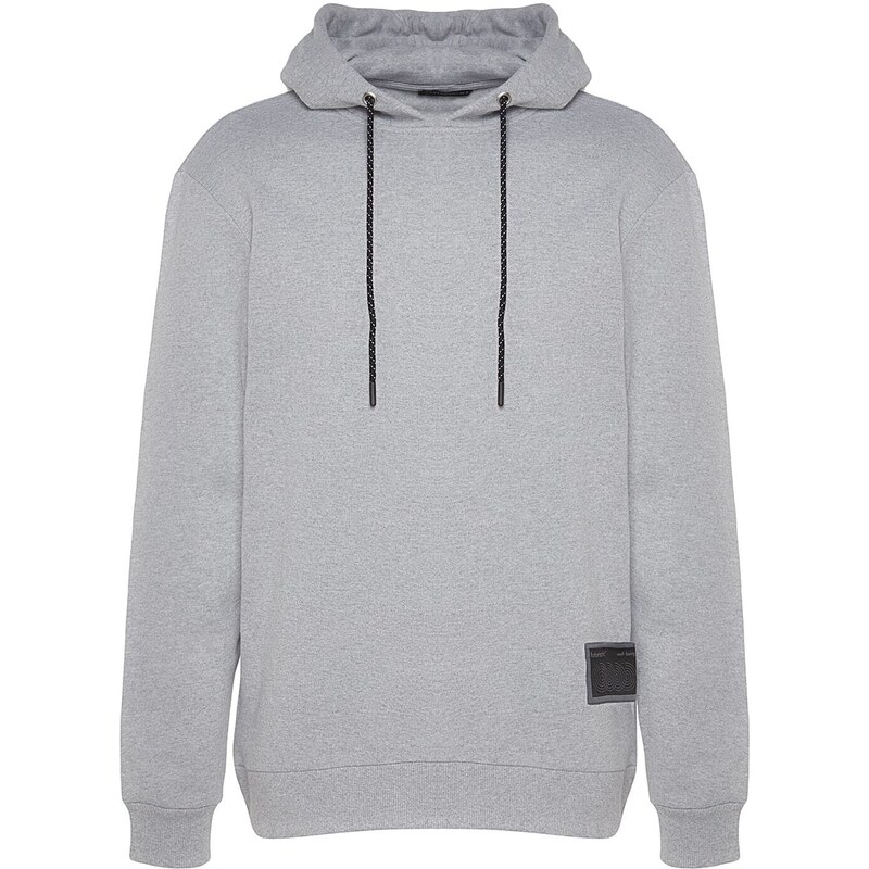 Trendyol Gray Regular/Normal Cut Contrast Label Thick Sweatshirt with Fleece Inside