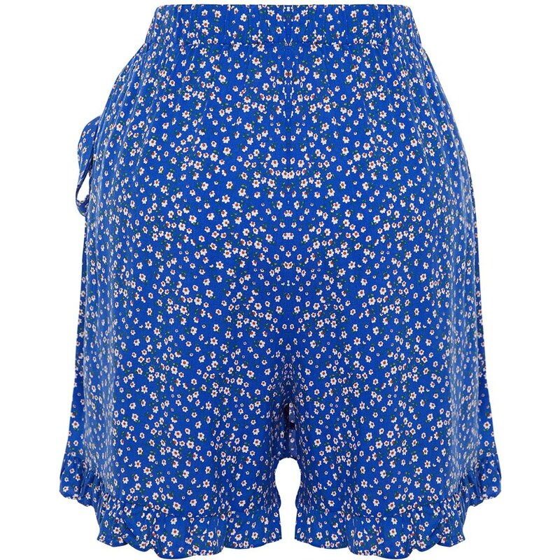 Trendyol Curve Blue Floral Patterned Woven Tied Shorts Skirt