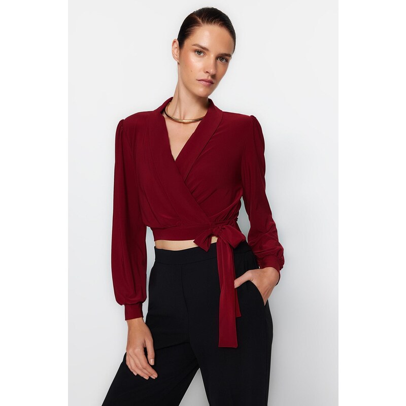 Trendyol Claret Red Double Breasted Crop Stretch Knitted Blouse