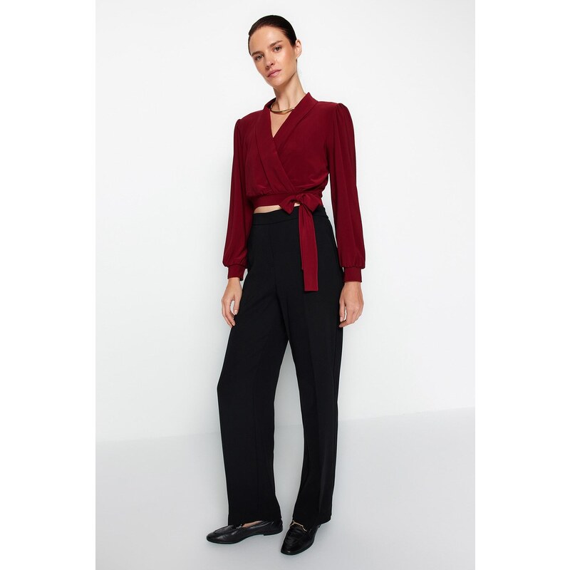 Trendyol Claret Red Double Breasted Crop Stretch Knitted Blouse