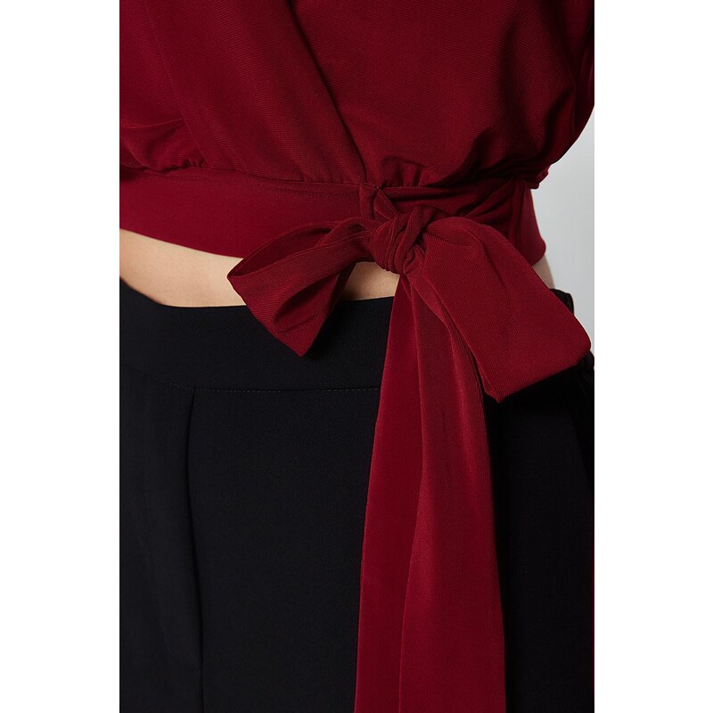 Trendyol Claret Red Double Breasted Crop Stretch Knitted Blouse