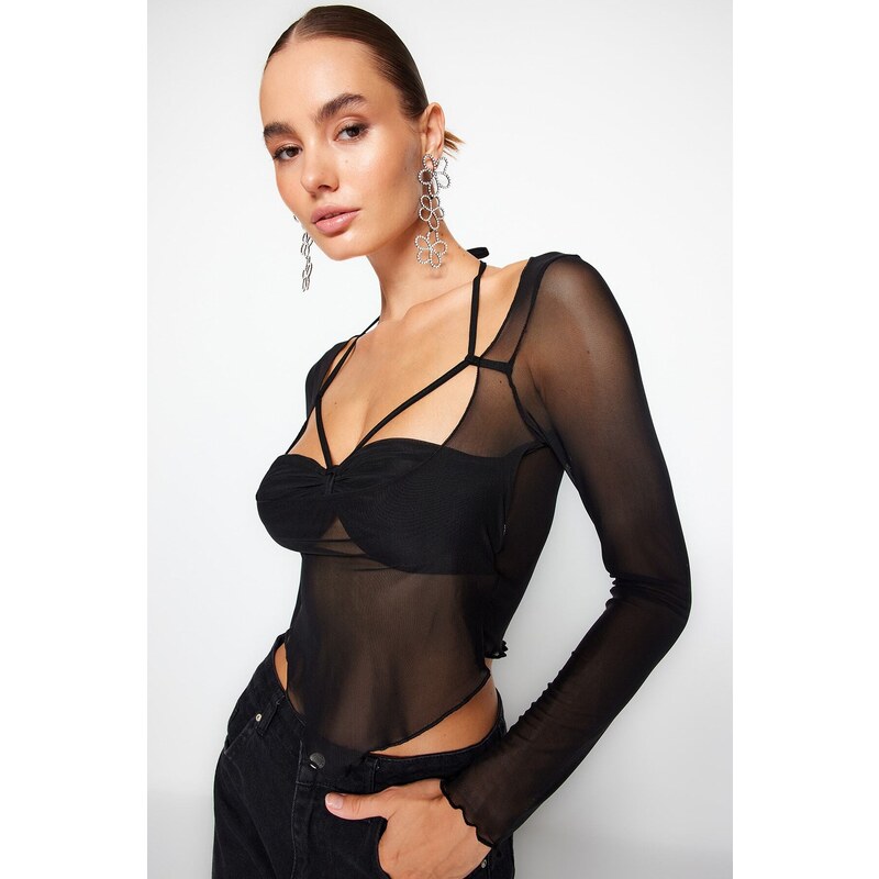 Trendyol Black Cut Out/Window Detailed Tulle Blouse 107065791