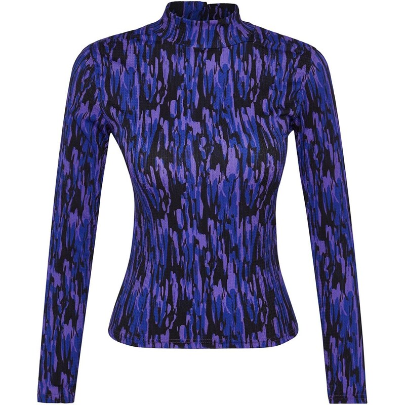 Trendyol Purple Printed Fitted/Situated High Neck Long Sleeve Crepe/Textured Knitted Blouse