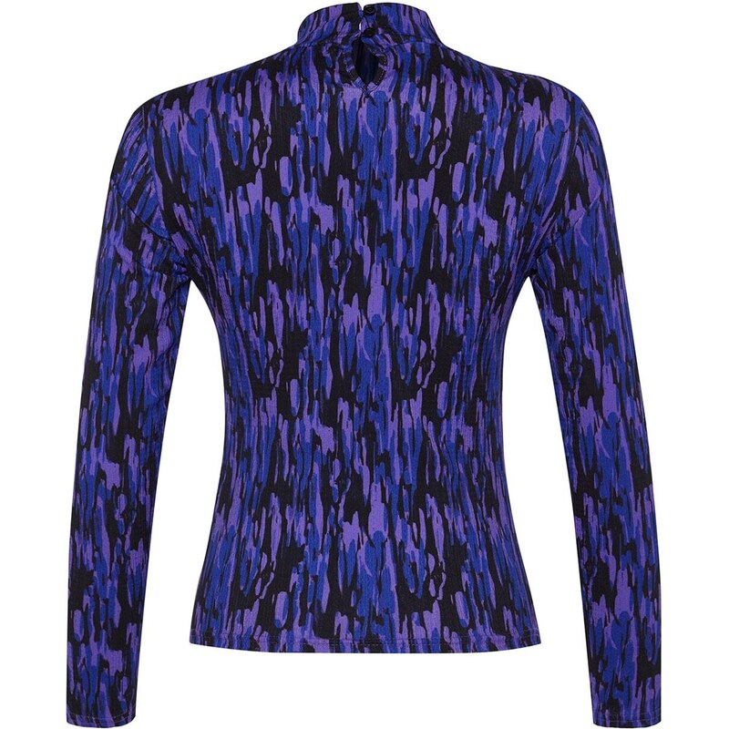 Trendyol Purple Printed Fitted/Situated High Neck Long Sleeve Crepe/Textured Knitted Blouse