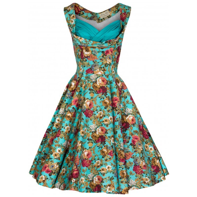 Lindy Bop retro dámské šaty Ophelia TURQ FLORAL velikosti: 44 (UK16)