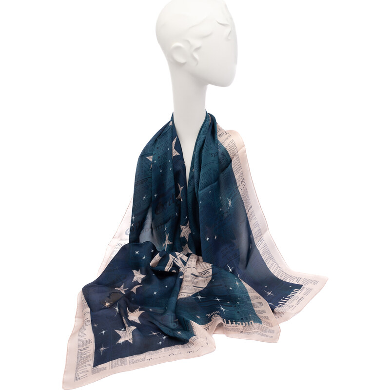 Modrý hedvábný šátek John Galliano se vzorem hvězd