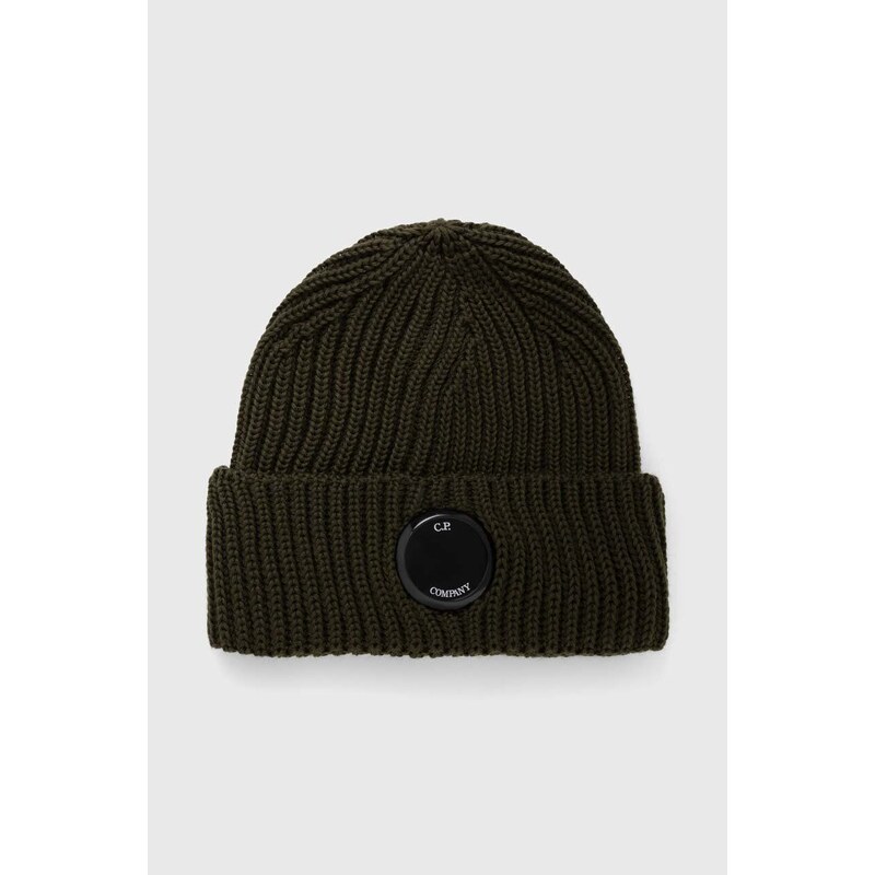 Vlněná čepice C.P. Company Extrafine Merino Wool Lens Beanie zelená barva, z husté pleteniny, 15CMAC272A005509A