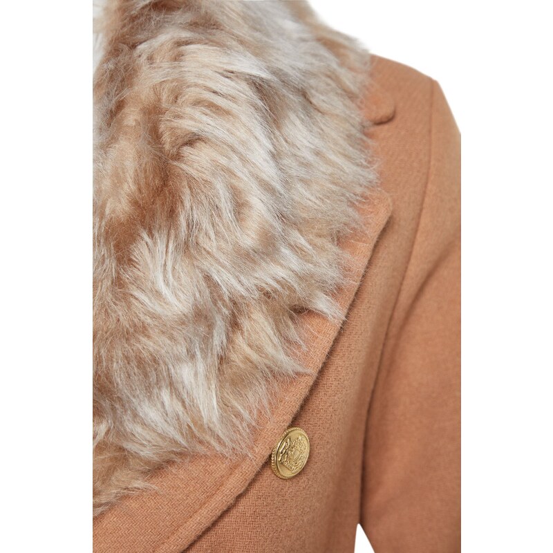 Trendyol Camel Gold Button Detailní vlněný razítkový kabát