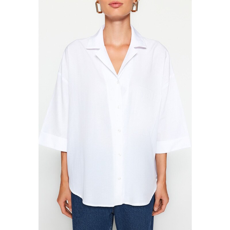 Trendyol Ecru 3/4 Sleeve Oversize/Wide Fit Woven Shirt