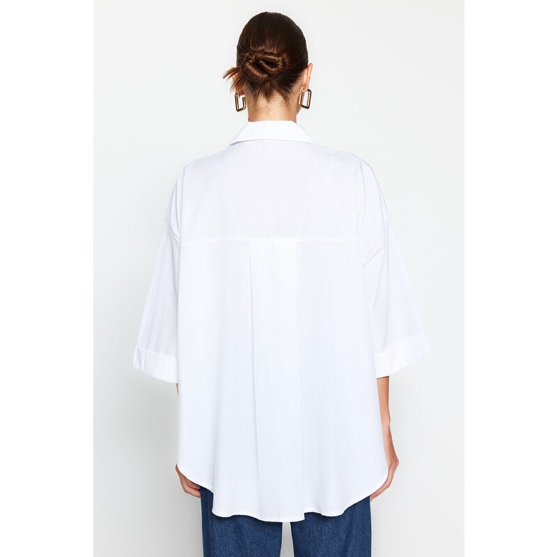 Trendyol Ecru 3/4 Sleeve Oversize/Wide Fit Woven Shirt