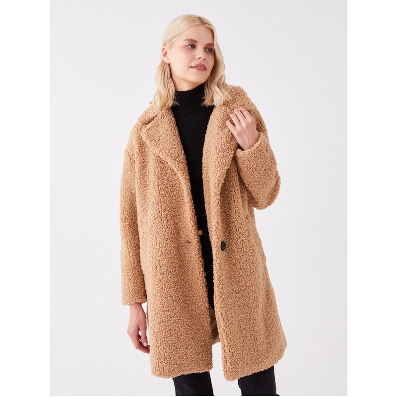 LC Waikiki Women's Jacket Collar Straight Long Sleeve Teddy Coat