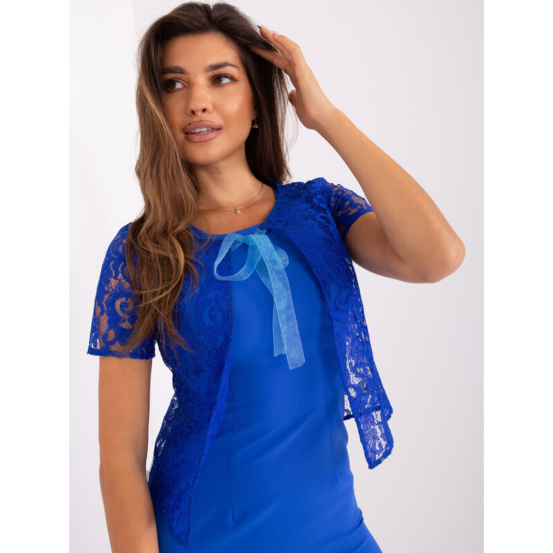 Fashionhunters Kobaltově modré koktejlové šaty s krajkovým překrytím