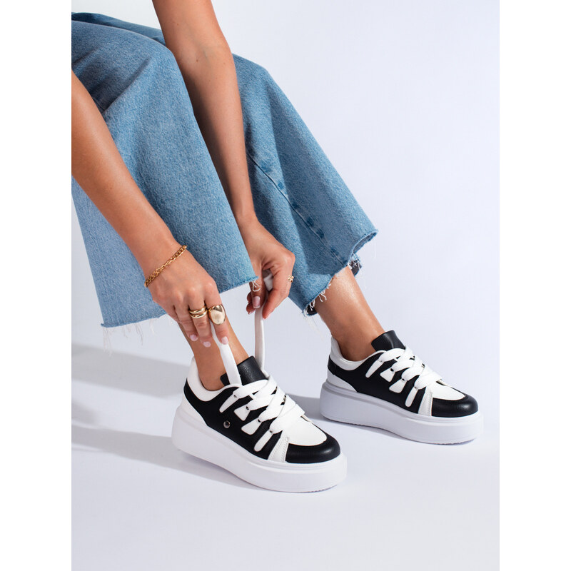 Black and white women's sneakers with thick sole Shelvt