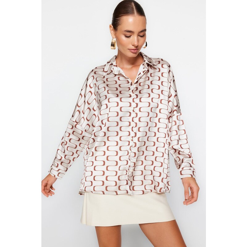 Trendyol Beige Geometric Pattern Oversize/Wide Fit Satin Woven Shirt