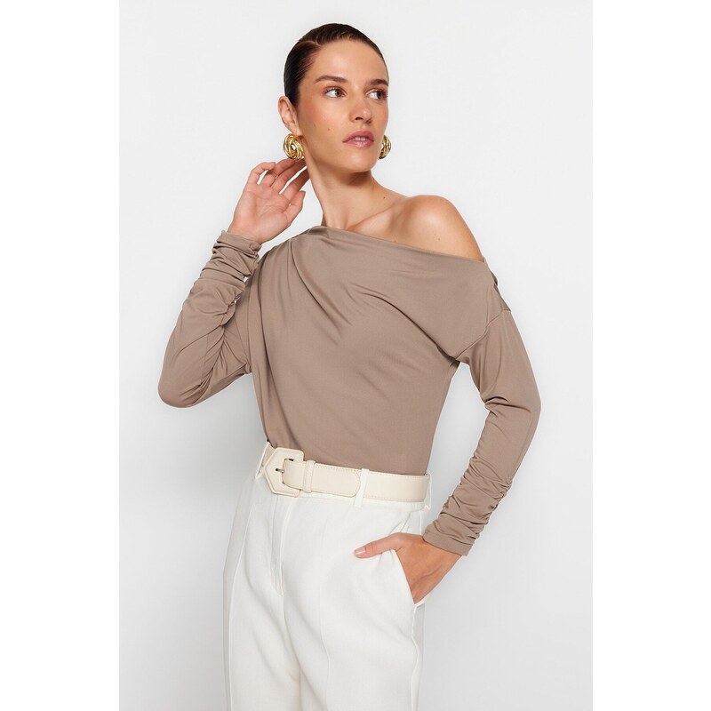 Trendyol Mink Asymmetric Collar Flowy Stretchy Knitted Blouse