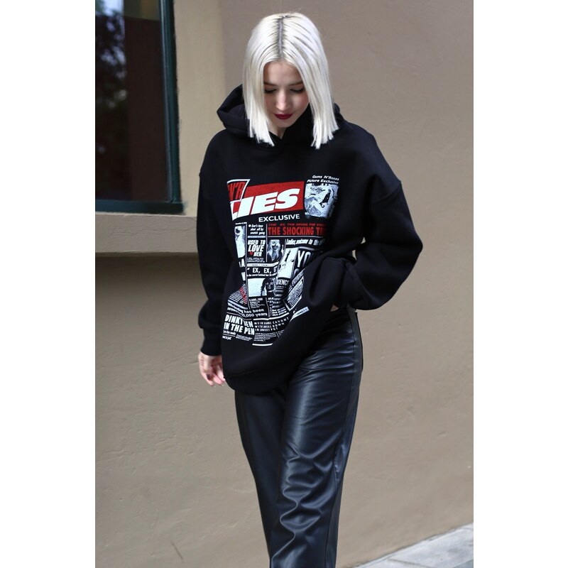 Madmext Women's Black Printed Oversized Hoodie Sweatshirt