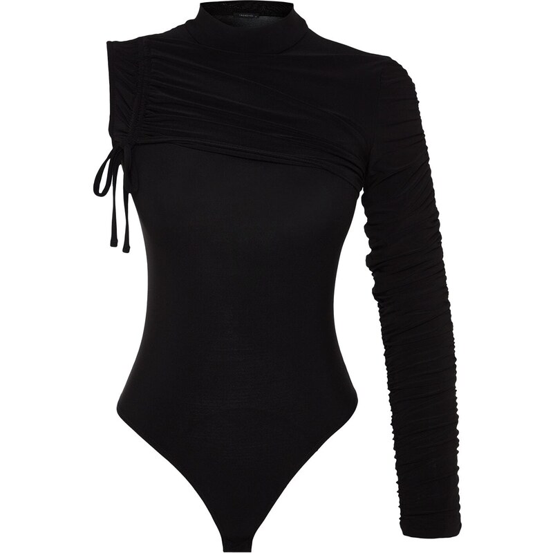 Trendyol Black Drape Detailed Single Sleeve Knitted Bodysuit