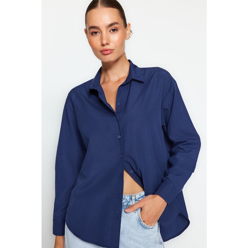 Trendyol Navy Blue Loose Fit bavlněná tkaná košile